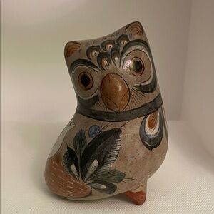 Vintage Tonala Folk Art Pottery Owl Mexico Signed by E Lopez